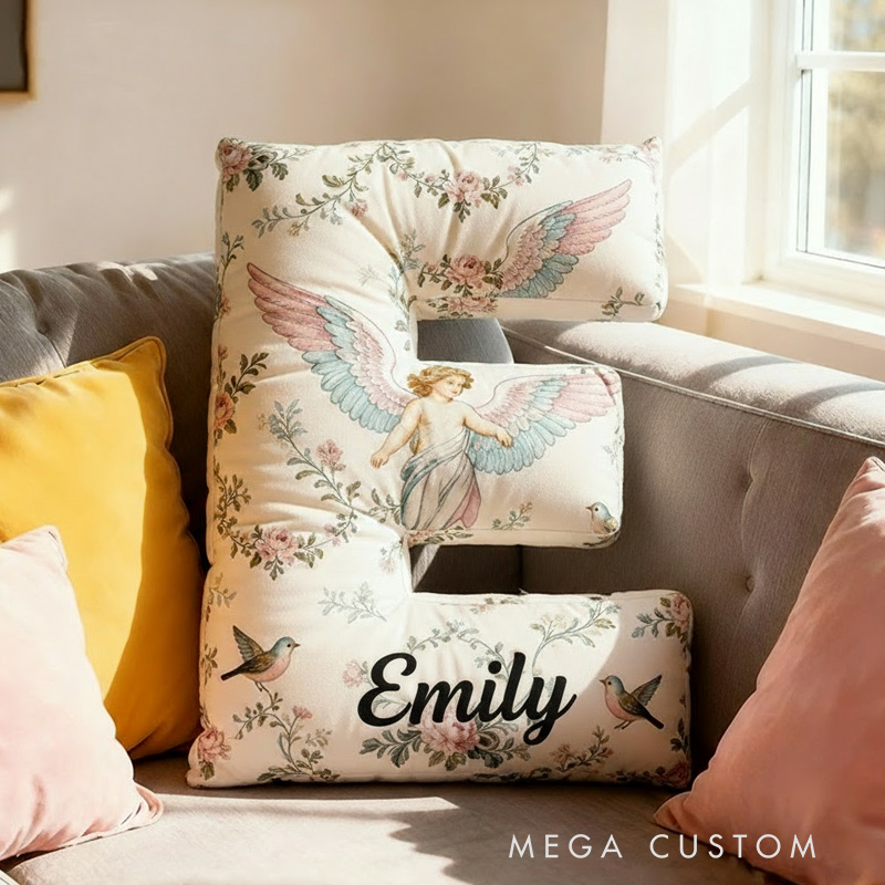 Personalized Letter Pillow Graphic 3D Print Angle Wings Custom Name Design Pillow for Family Gift