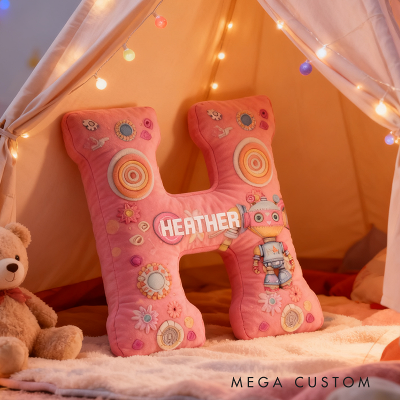 Personalized Watercolor Robot Alphabet Pillow Customized Fun kid Pillows 