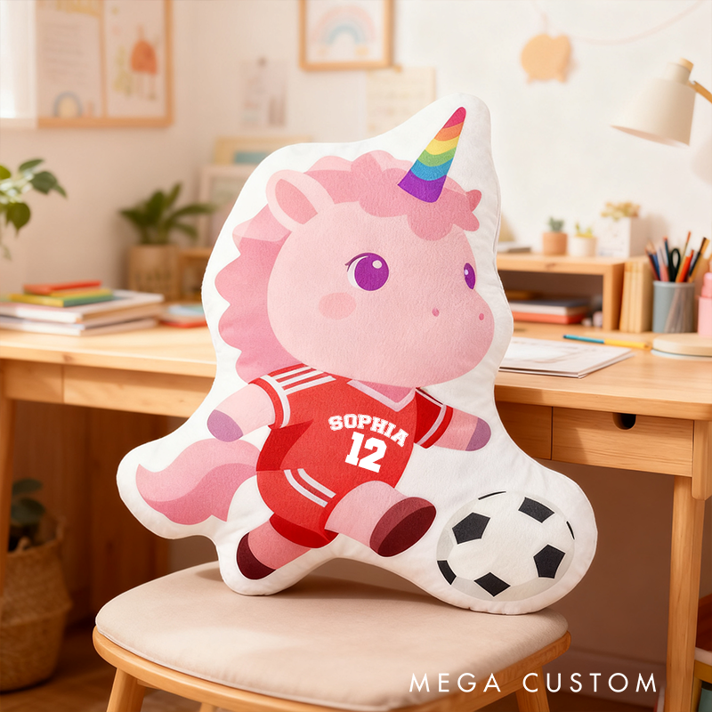 Personalized Unicorn Soccer Pillow with Custom Name and Number Design