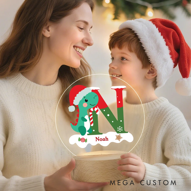 Personalized Santa Hat Dinosaur Initial LED Night Light with Name and Wooden Base Home Decor Christmas Gift for Kids