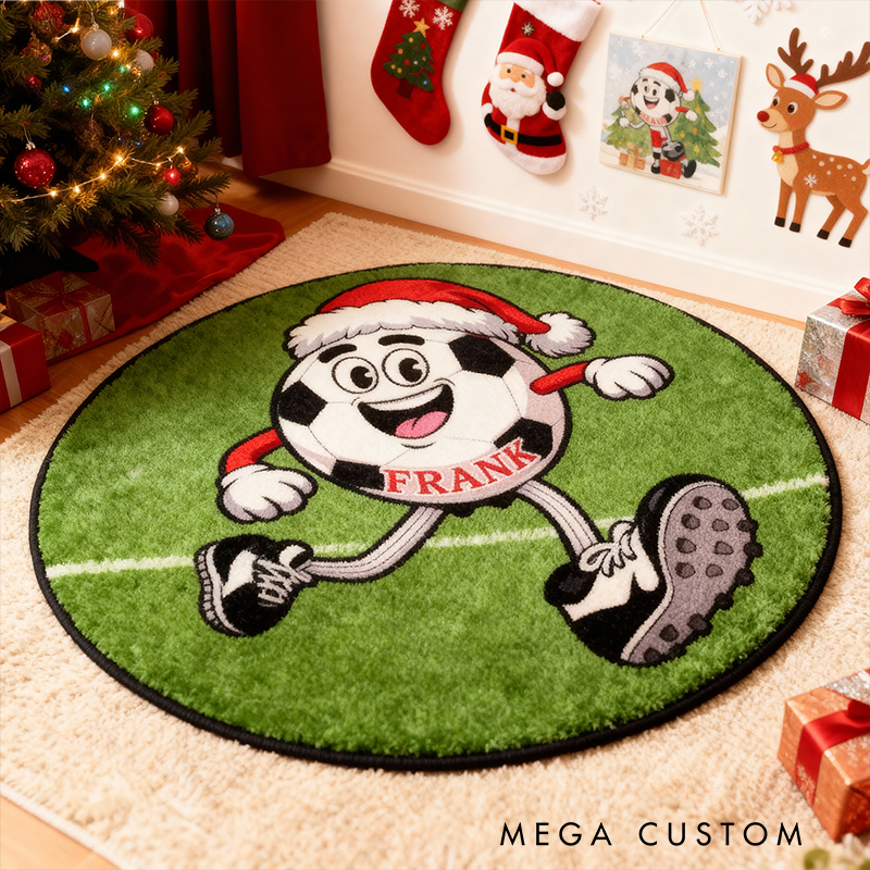 Personalized Christmas Soccer Rug with Custom Name and Festive Design