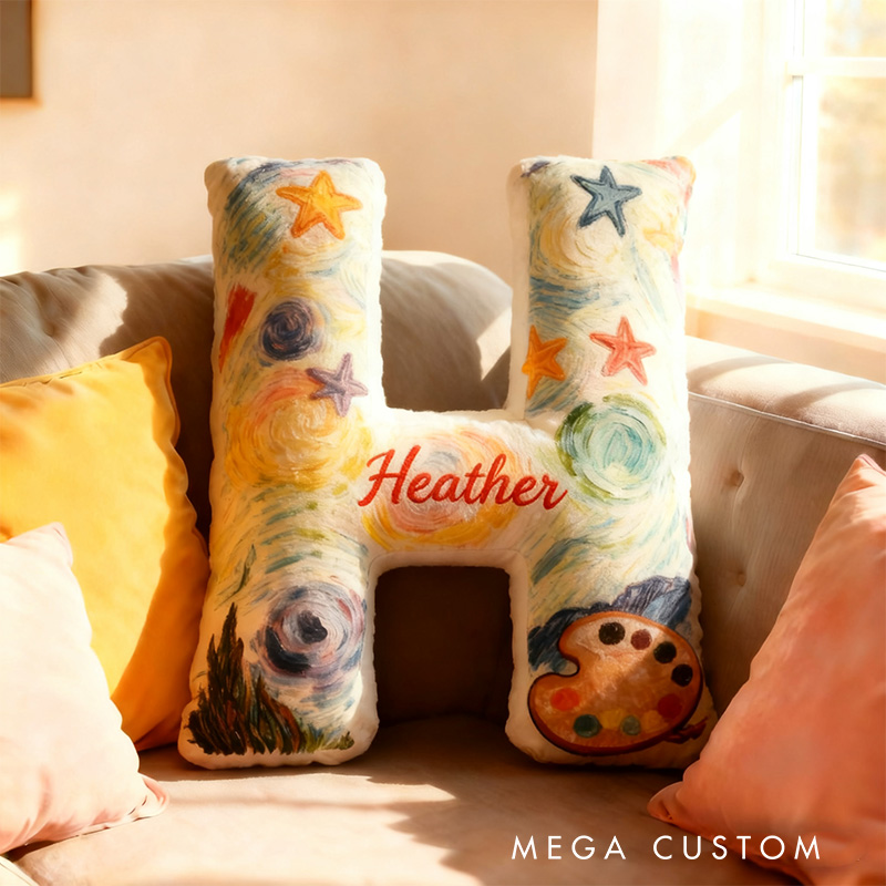 Personalized Graphic 3D Print Van Gogh Inspired Moonlight Night Alphabet Shaped Pillow for Art Lovers Initial Pillow Christmas Gift for Kids
