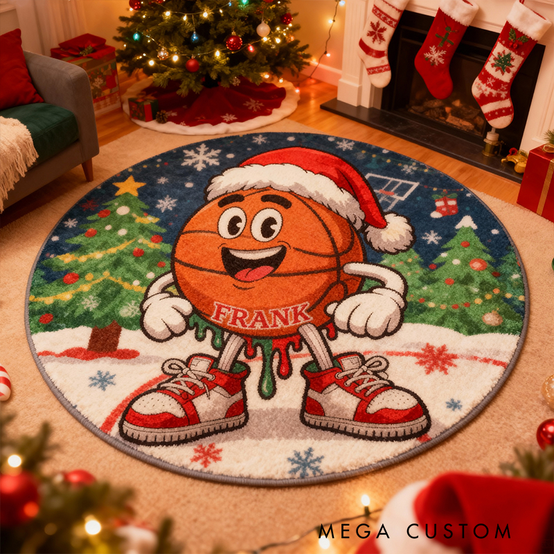 Personalized Christmas Basketball Rug with Custom Name and Festive Design