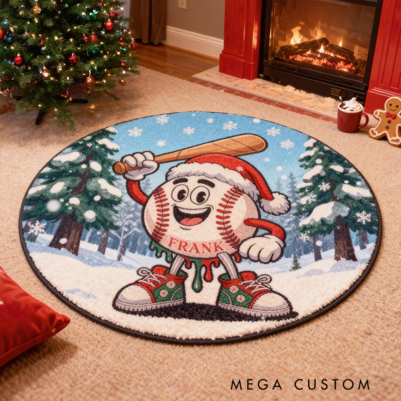 Personalized Christmas Baseball Rug with Custom Name and Festive Design