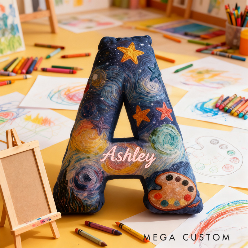 Personalized Graphic 3D Print Van Gogh Inspired Starry Night Alphabet Shaped Pillow for Art Lovers Initial Pillow Christmas Gift for Kids