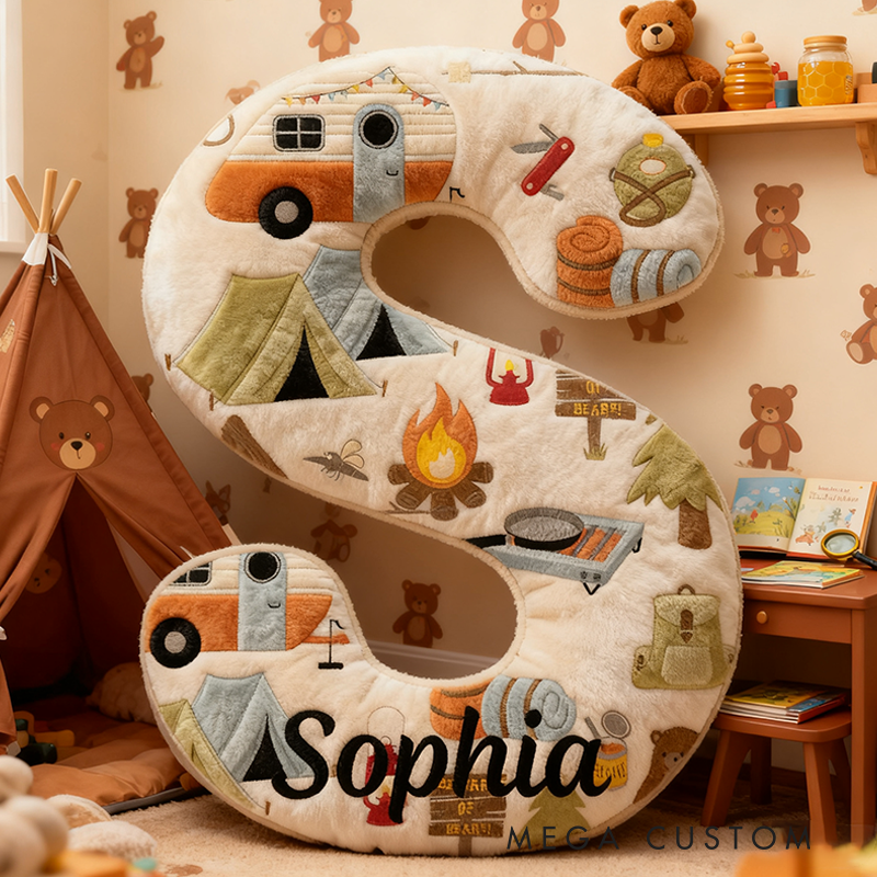 Personalized Cute Camping Kid Letter Shaped Pillow Adventurous Camping Lover Kid Pillow Gifts for Kid Camping