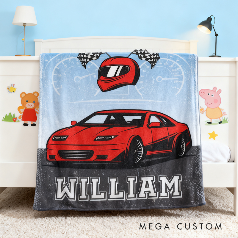 Personalized Racing Blanket Custom Name Soft Cozy Sherpa Fleece Throw Blankets Sport Gift