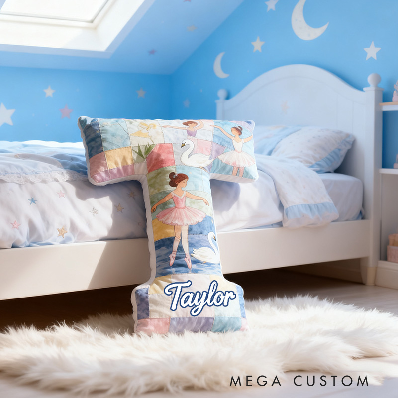 Personalized Graphic 3D Fantacy Swan Ballet Alphabet Shaped Pillow for Dance Lovers Initial Pillow Christmas Gift for Kids
