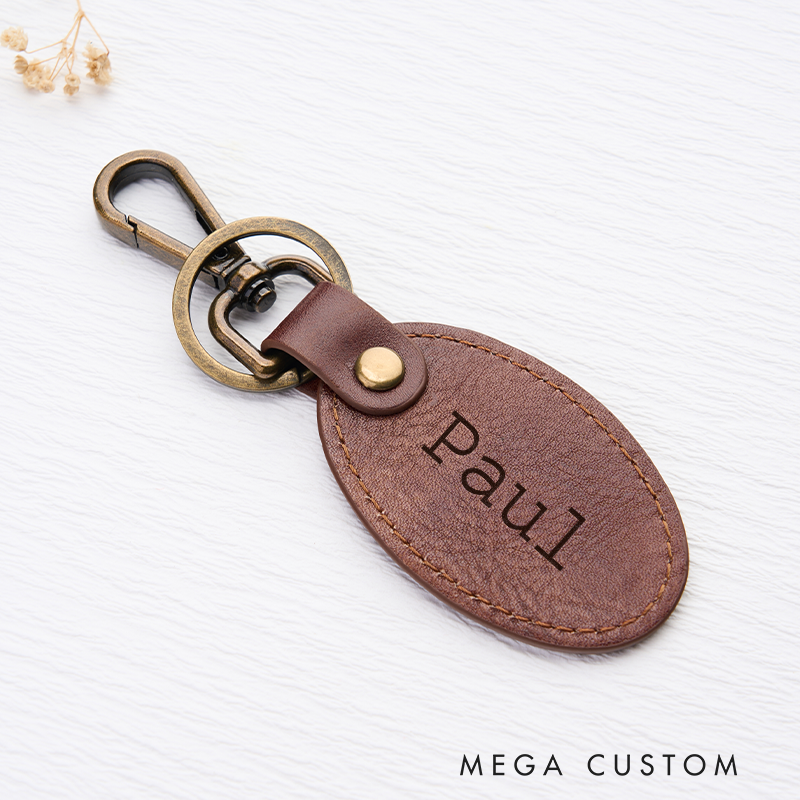 Personalized Leather Keychain for Men Custom Oval Keychain with Name Engraved Leather Key Chain Anniversary Gift for Him Groomsmen Gift Birthday Gift