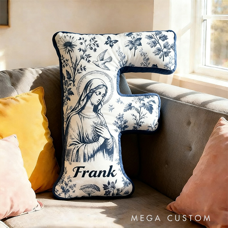 Personalized Catholic Virgin Mary Toile Letter Pillow with Name Home Decor Our Lady Pillow Vintage Floral Marian Pillow Christian Gift for Women