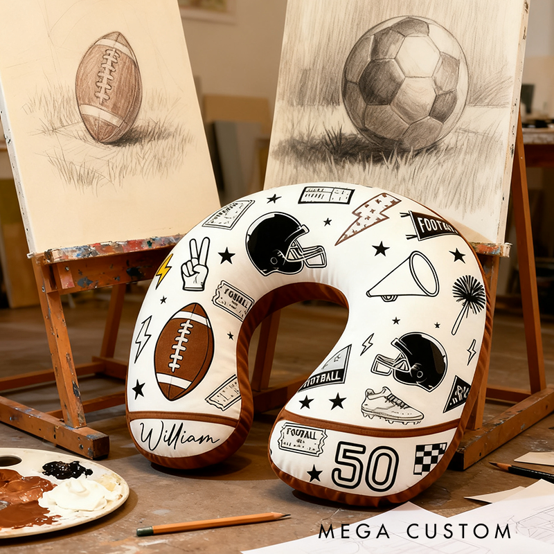 Personalized Football-Themed U-Shaped Pillow with Custom Name and Stylish Design