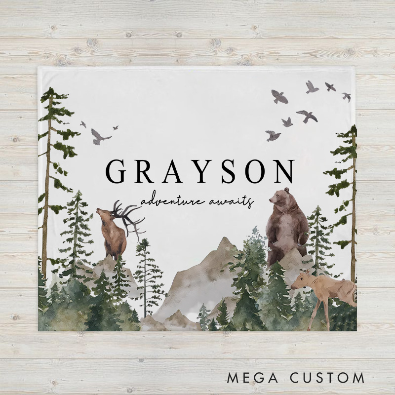 Personalized Woodland Theme Adventure Awaits Baby Blanket Forest Decor Gift