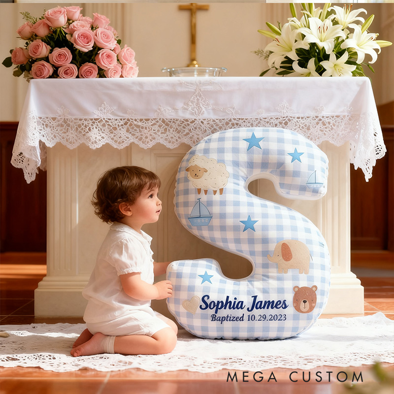 Personalized Woodland Animals Baptism Letter Pillow with Custom Name Kid Room Decor Christian Gift Baby Boy Gift Baptism Gift Graphic 3D Print Pillow