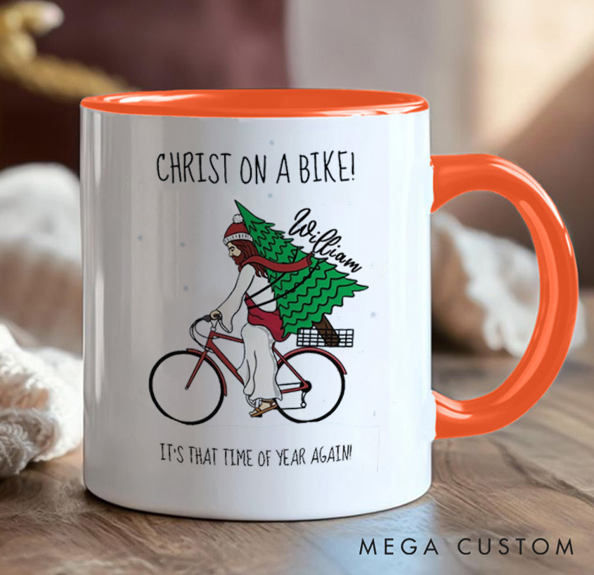 Personalized Christ on A Bike Coffee Mug Funny Bicycle Gift Lover Christmas Bicycles Mug Cyclist Gift Mountain Biker Gift Cycling Bike Gift Bicyclist Mug Colour Options Available