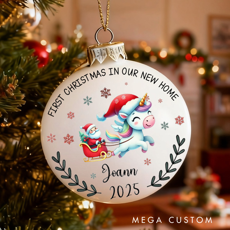 Personalized Christmas Ball for Kids First Christmas Ornament in Our New Home 2025 Unicorn and Santa Design Custom Holiday Decoration with Name