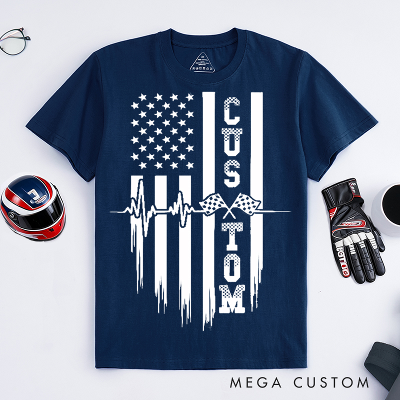 Personalized Racing T Shirt Custom Text Heartbeat Checkered Flag American Flag Tee for Racing and Car Lovers