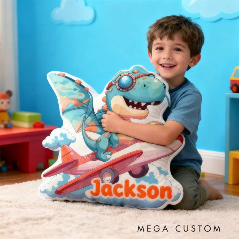 Personalized Cartoon Dinosaur Flying a Plane with Name Graphic 3D Print Pillow Christmas Gift for Kids Birthday Gift