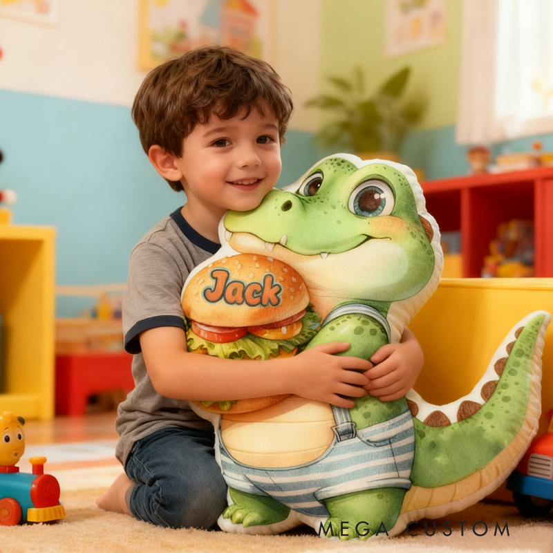 Personalized Cartoon Dinosaurs Eating Hamburgers with Name Graphic 3D Print Pillow Christmas Gift for Kids Birthday Gift