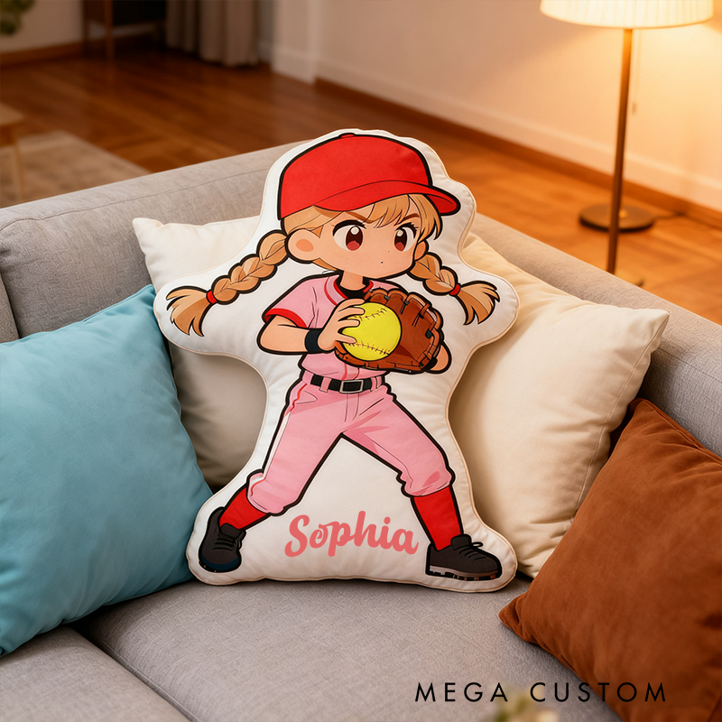 Personalized Softball Player Pillow with Custom Name and Cute Design