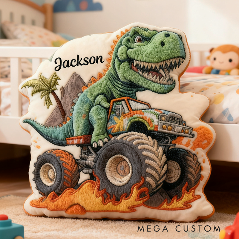 Personalized Dinosaurs Driving Trucks with Name Graphic 3D Print Pillow Christmas Gift for Kids Birthday Gift