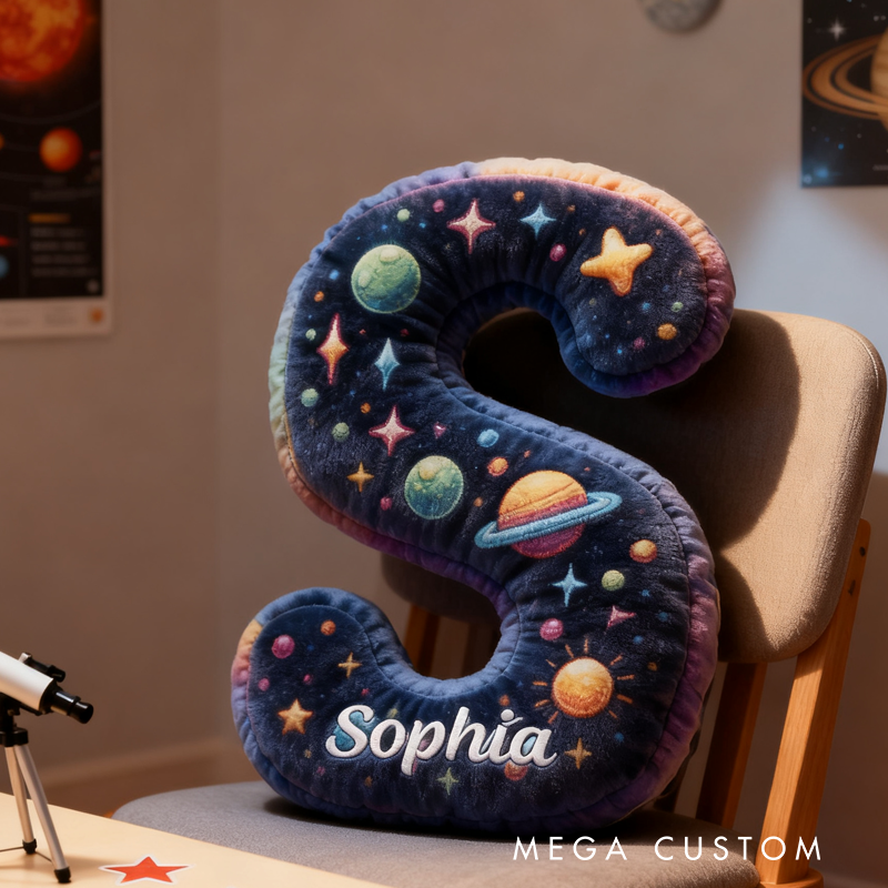 Personalized Neon Space Alphabet Pillow Galaxy Letters Pillow Galaxy Astronaut Rocket Planet Pillow Gifts for Kid Science Fiction Fans