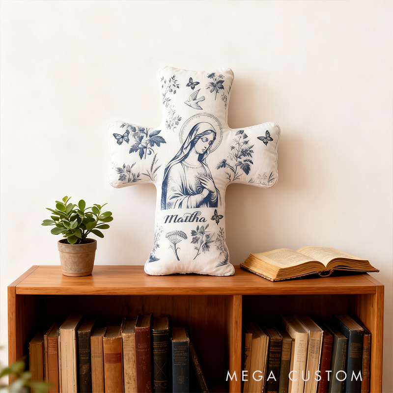Personalized Catholic Virgin Mary Toile Cross Pillow with Custom Name Home Decor Our Lady Pillow Vintage Floral Marian Pillow Christian Gift for Women