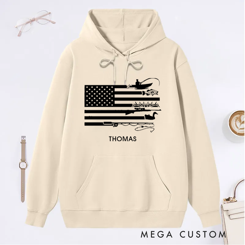 Personalized Fishing Hoodie American Flag Hunting and Fishing Sweatshirt Custom Name  Ideal for Anglers and Outdoor Enthusiasts