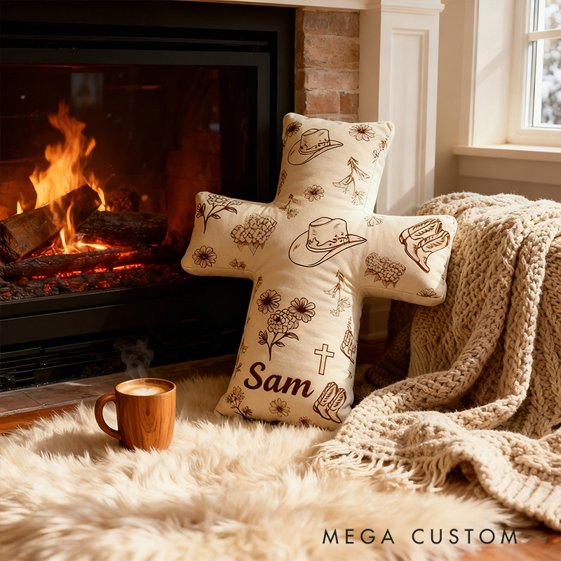Personalized Rustic Cross Pillow with Custom Name Home Decor Vintage Cowboy Hat Boot Flower Pillow Religious Christian Gift