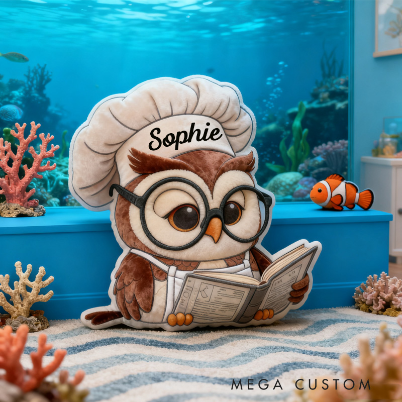 Personalized Reading Owl Throw Pillow Baking Owl Pillow Fantasy Bookish Pillow with Name for Kids Boy Girl Gift for Reading Lover Pillow