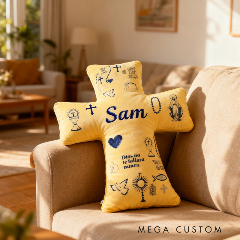 Personalized God will Never Fail You Cross Pillow with Custom Name Home Decor Virgin Mary Cross Chalic Dove and Fish Pillow Religious Gift for Her