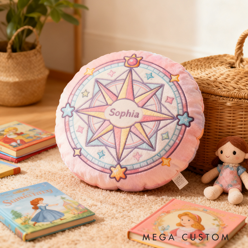 Personalized Round Pink Christmas gift Pillow with Star Compass Pastel Colors Magical Design and Cute Decorative Elements Graphic 3D Print Pillow