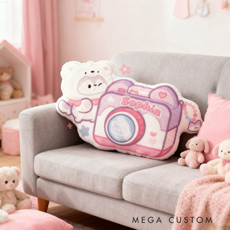 Personalized Cute Camera Shaped Pillow with Cute Bear Heart Details Pastel Colors  Graphic 3D Print Pillow