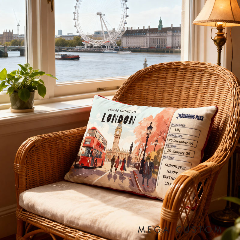 Personalized Graphic 3D Print Custom London Boarding Pass Pillow for Travel Lovers