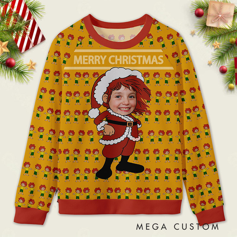 Personalized Merry Christmas Santa Custom Face Funny Holiday Gift Festive Style Cozy Winter Party Joyful Red Yellow Cheer Magic Ugly Sweater Shirt