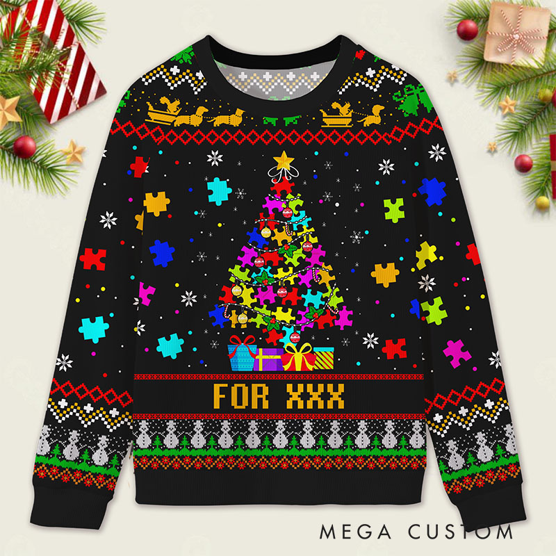 Personalized Christmas Tree Lights Reindeer Custom Name Funny Holiday Gift Festive Colorful Style Cozy Winter Party Joyful Autism awareness Ugly Sweater Shirt