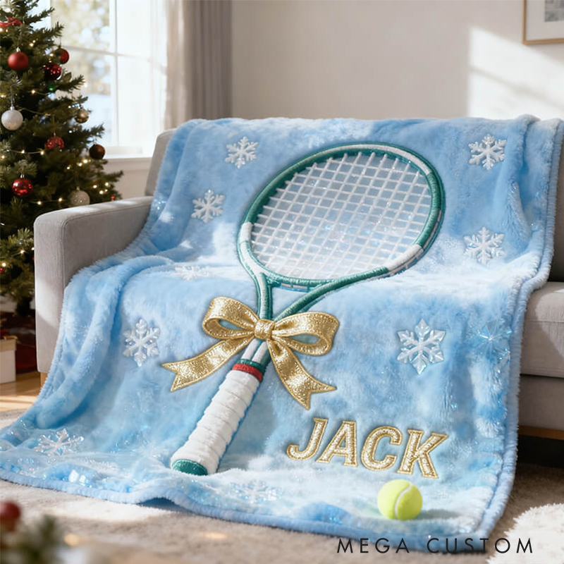 Personalized Tennis Christmas Blanket with Custom Name and Festive Design