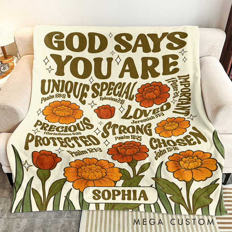 Personalized God Says You are Retro Birth Flower Soft Throw Blanket Baptism Birthday Christmas Gift for Women Christians