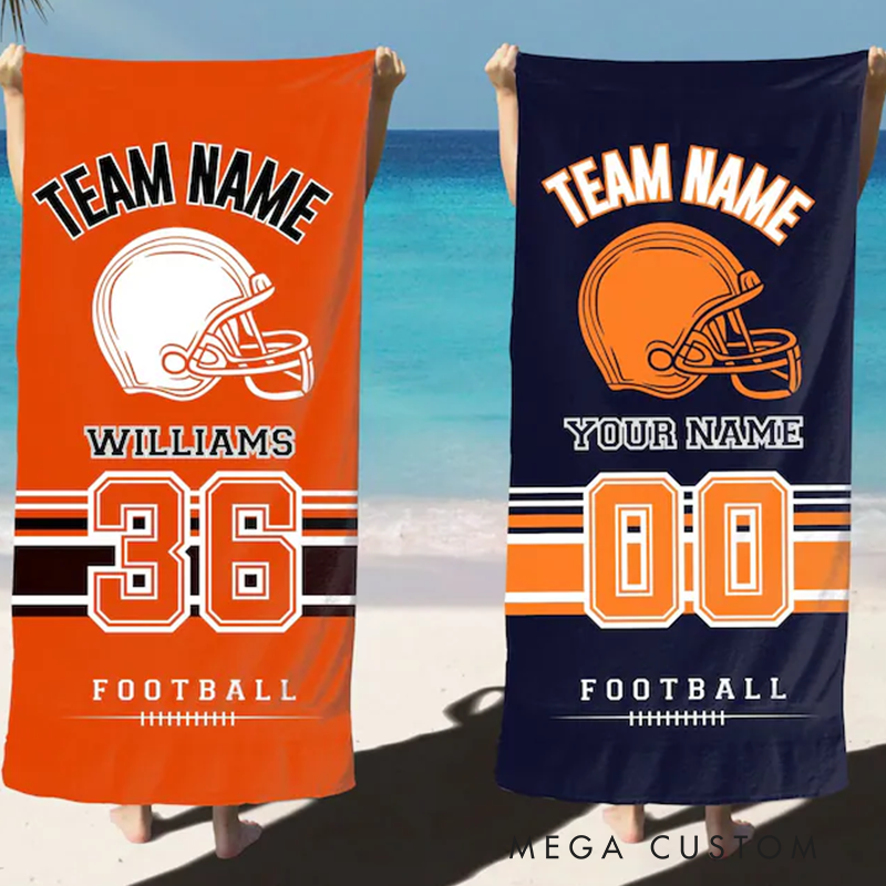 Personalized Football Beach Towel with Custom Team Name Player Name Jersey Number and Helmet Graphic Design