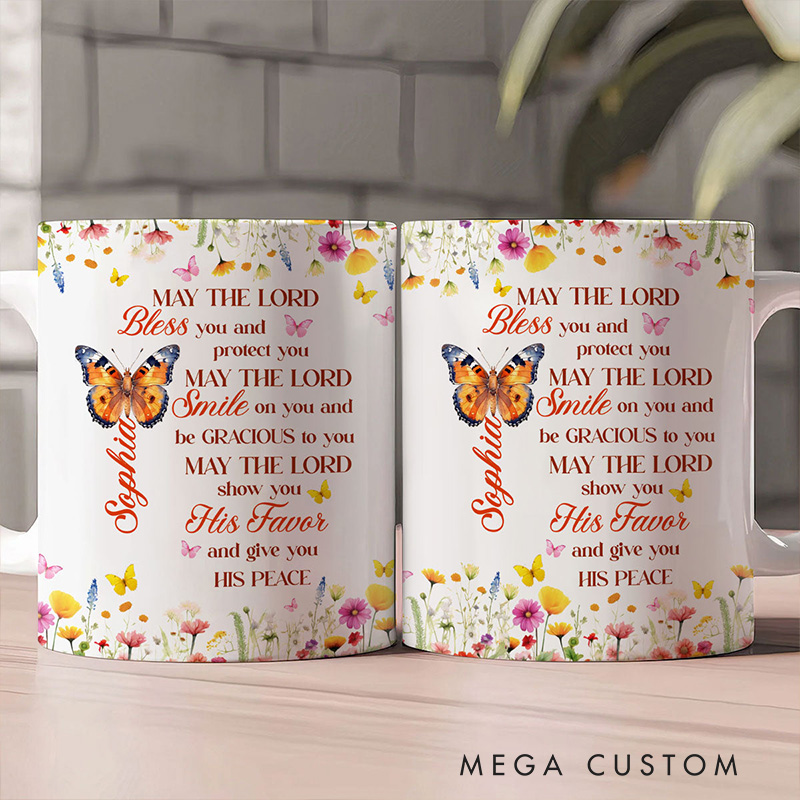 Personalized May The Lord Bless You 11oz 15oz Ceramic Mug with Birth Butterfly and Name Floral Butterfly Coffee Mug Religious Christian Gift for Her