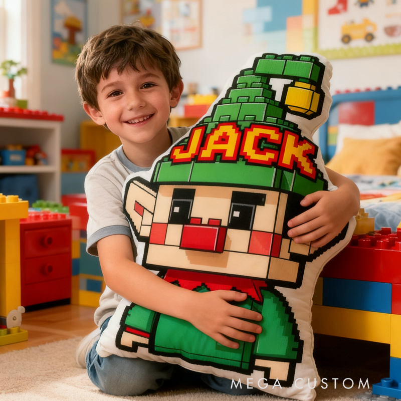 Personalized Christmas Building Blocks Character with Name Graphic 3D Print Pillow Christmas Gift for Kids Birthday Gift