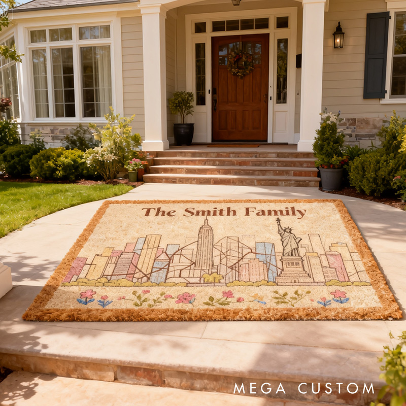 Personalized Cityscape Doormat New York City Skyline Custom Family Name Welcome Mat with Iconic Landmarks Durable Entryway Rug for Home Decor