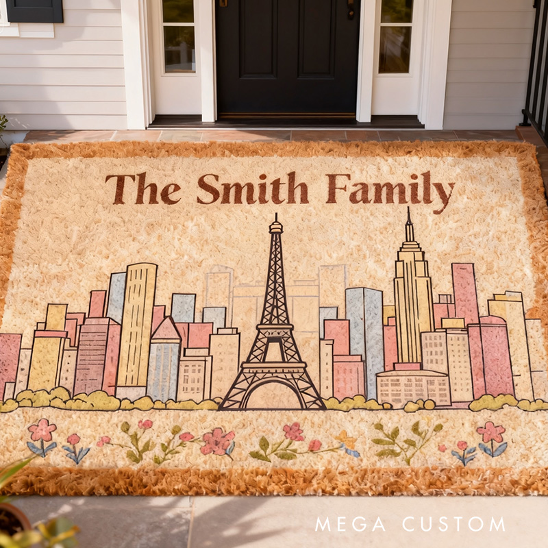 Personalized Family Doormat Custom Name Welcome Mat with Eiffel Tower Cityscape Durable Entryway Rug for Home Decor Front Door Outdoor Indoor Use