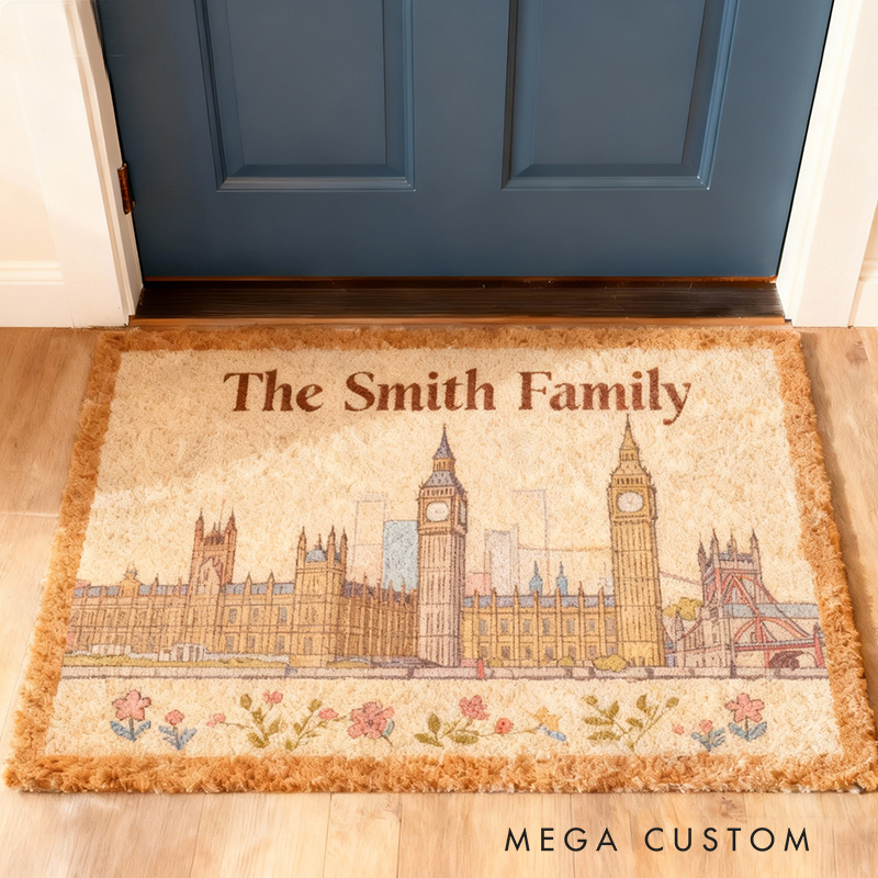 Personalized Family Doormat Custom Name Welcome Mat with London Skyline Durable Entryway Rug for Home Decor Front Door Outdoor Indoor Use