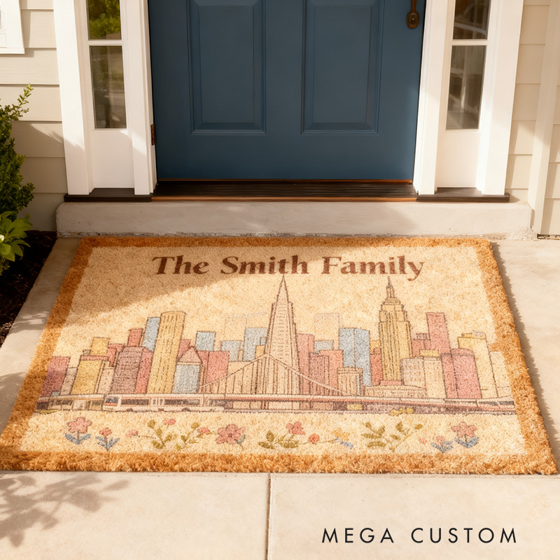 Personalized Family Doormat Custom Name Welcome Mat with San Francisco Skyline Entryway Rug for Home Decor Front Door Outdoor Indoor Use
