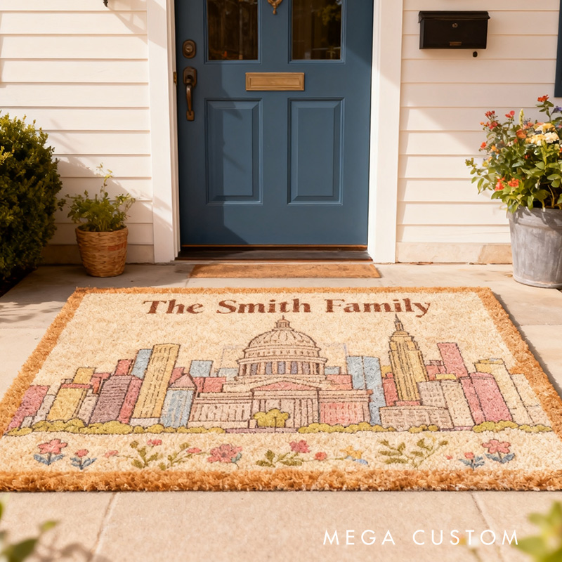 Personalized Family Doormat Custom Name Welcome Mat with Washington Skyline Line Durable Entryway Rug for Home Decor Front Door Outdoor Indoor Use