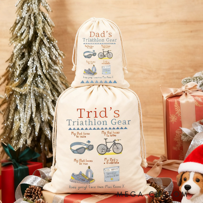Personalized Merry Christmas Sack Family Christmas Gift Wrap Bag Triathlon Gear Sack Swim Bike Run Storage Gift Cotton Cycling Kit Sports Bag Gift for Cyclist Bicycle Biker Riding Lovers