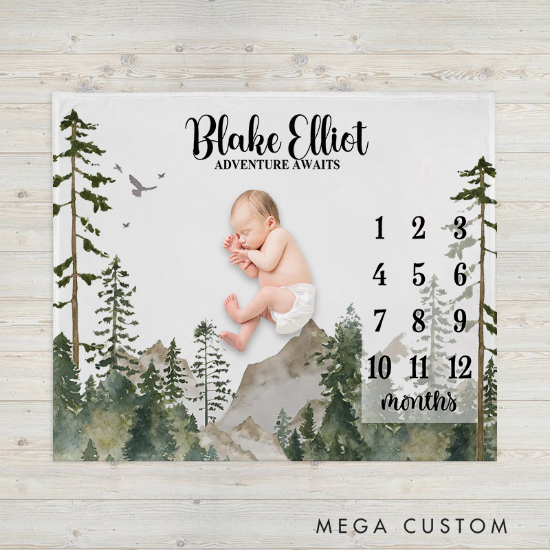 Personalized Mountains Milestone Baby Blanket Monthly Growth Tracker Baby Shower Gift