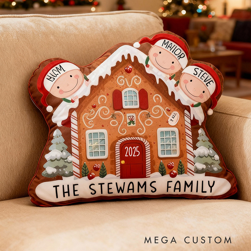 Personalized Gingerbread House Pillow Custom Family Name Holiday Decor Cushion with Festive Design Christmas Decoration for Living Room Christmas Gift