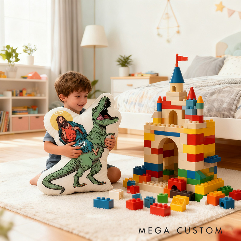 Personalized Funny Jesus Riding T-Rex Dinosaur Pillow with Custom Name Kid Room Decor Sarcastic Religious Gift for Kids Graphic 3D Print Pillow