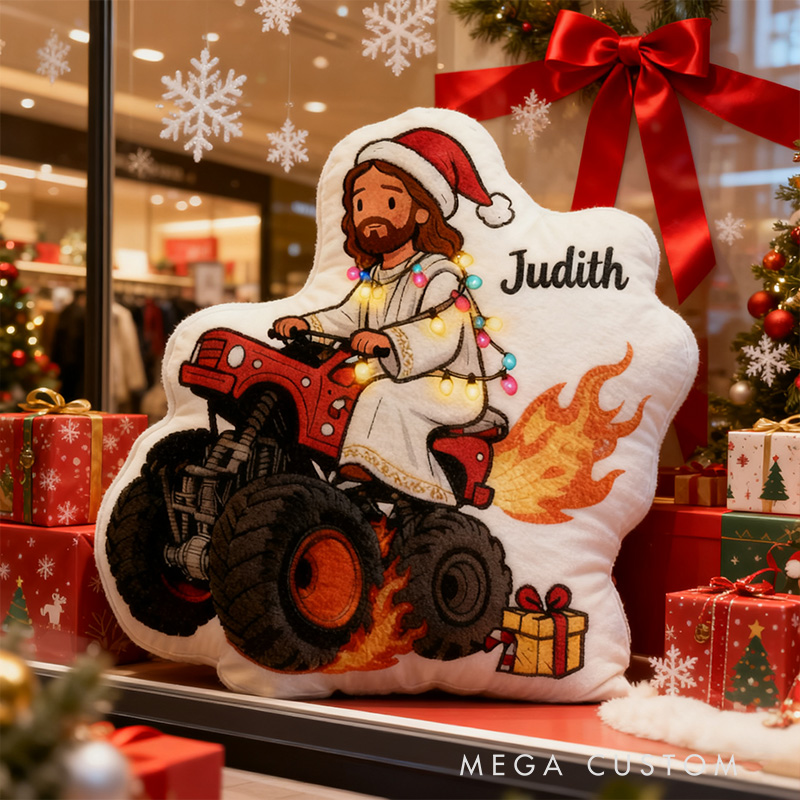 Personalized Funny Jesus Riding Truck Christmas Pillow with Custom Name Kid Room Decor Sarcastic Religious Gift for Kids Graphic 3D Print Pillow